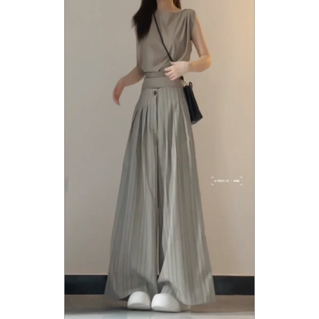 松弛感气质套装女夏季无袖收腰上衣高腰条纹休闲阔腿裤