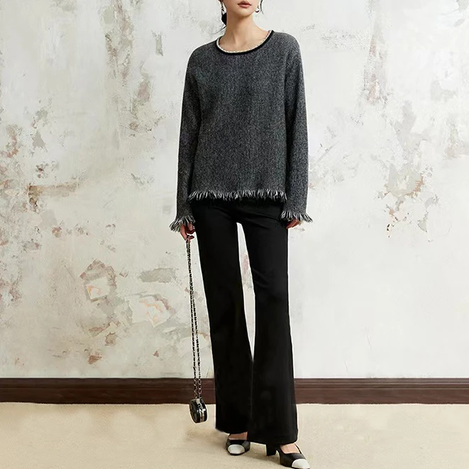 （衣兮开叉微喇休闲裤）早春新时尚百搭侧显瘦质感微喇休闲裤Z