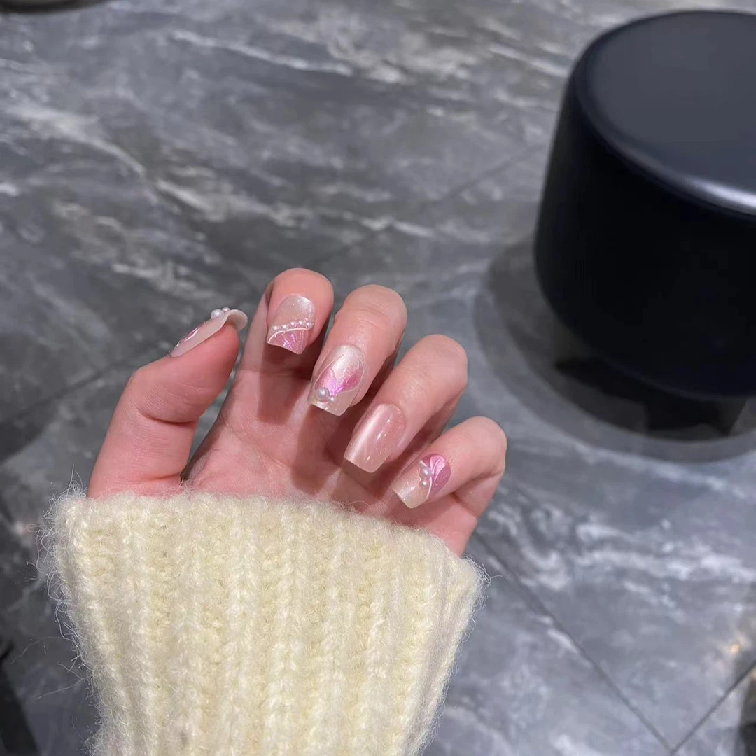 【玫红人鱼】手工穿戴甲成品预制甲片可拆卸手指甲美甲珍珠猫眼短短