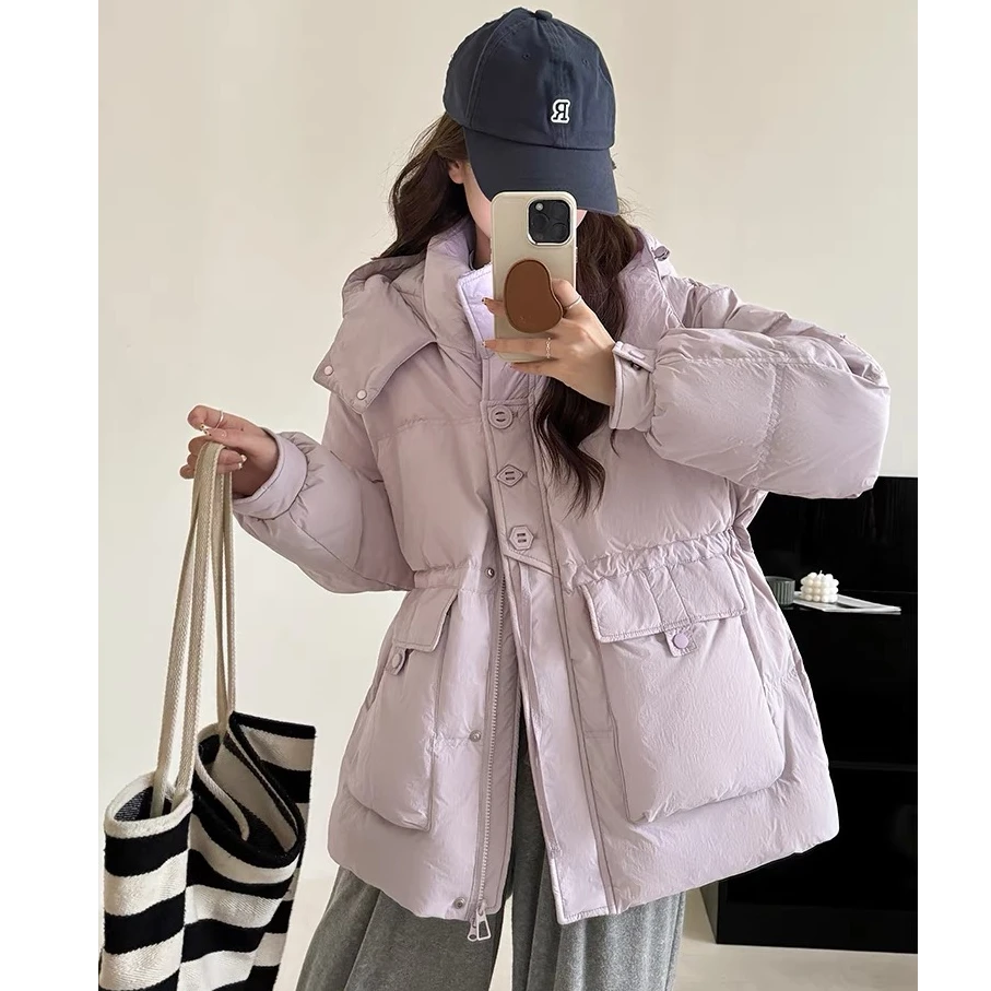 新款三扣羽绒服女韩版短款连帽加厚白鸭绒时尚宽松收腰外套810
