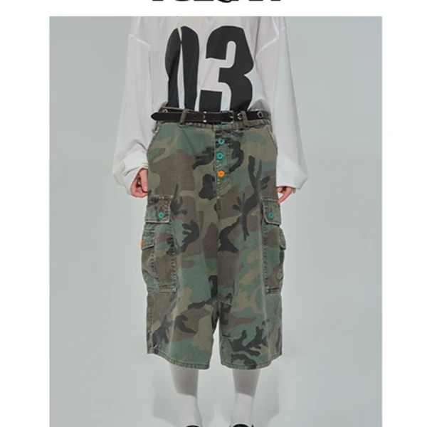 VULCAN迷彩七分短裤纽扣设计同款夏季宽松运动休闲工装裤