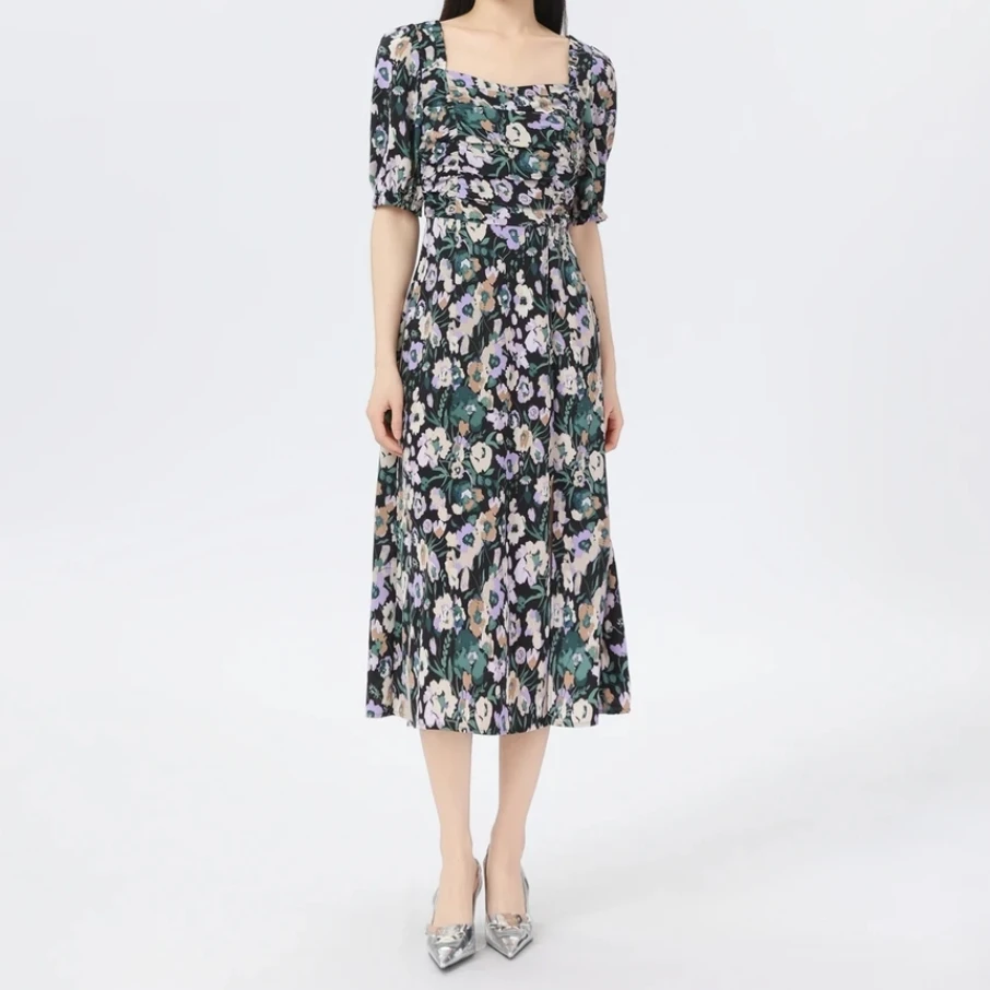 AMASS/阿玛施新款女装法式气质高腰方领印花中长款连衣裙550046