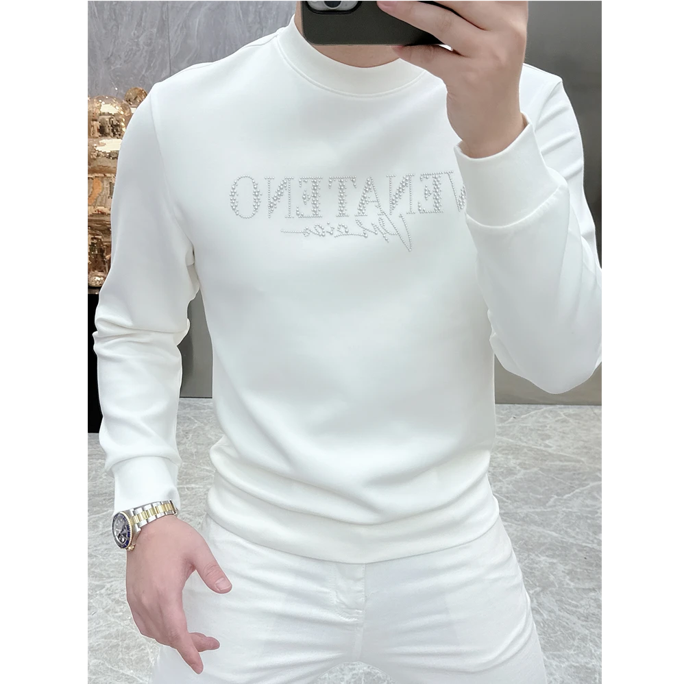 迪诺库克斯男士打底衫秋冬新款时尚字母烫钻修身帅气圆领卫衣潮流