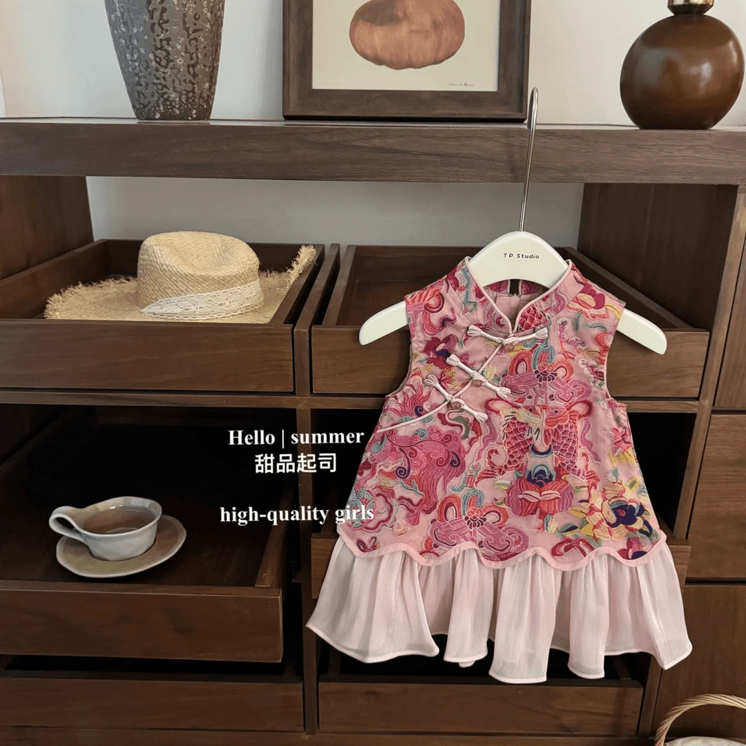 女童夏季新中式国风连衣裙童装拼接锦鲤旗袍裙小众套装背心裙儿童