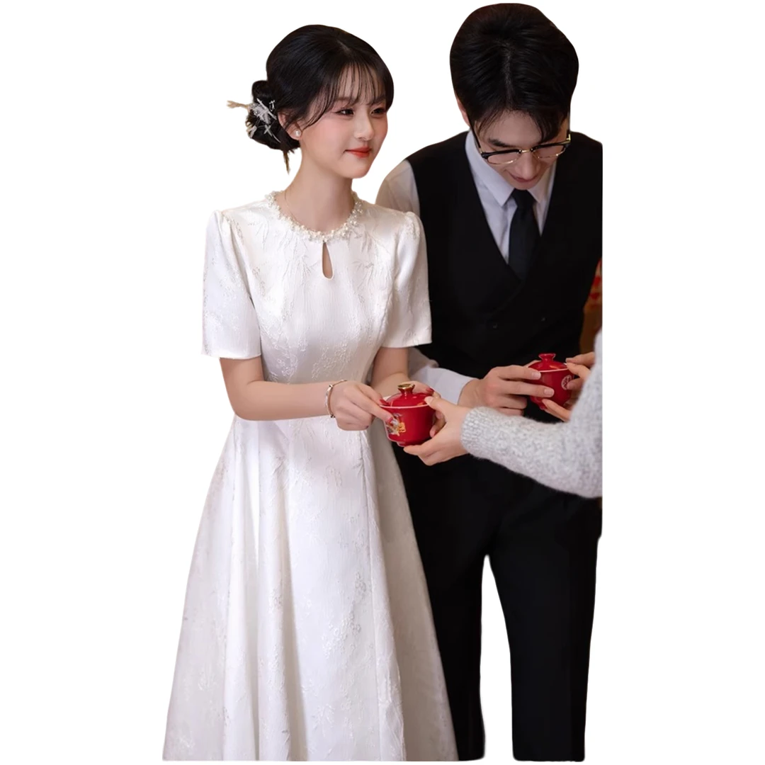 蓬蓬裙圆领短袖轻奢超短裙礼服结婚连衣裙宴会优雅领证旗袍婚礼