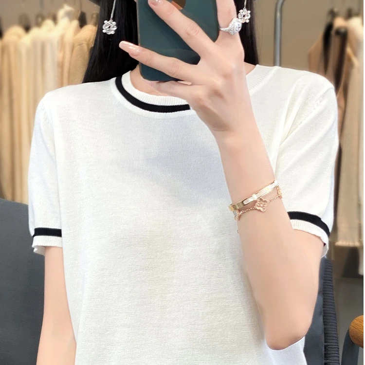 莱赛尔天丝~夏季新款女士冰丝短袖圆领针织衫修身显瘦2002