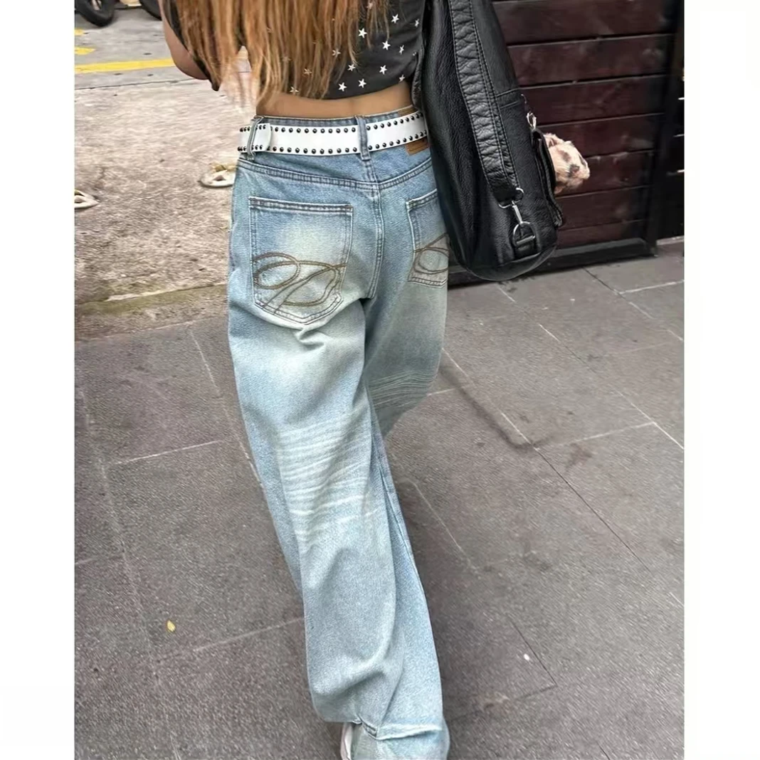 【现货+运费险】美式复古牛仔裤女夏季高腰宽松显瘦阔腿拖地裤