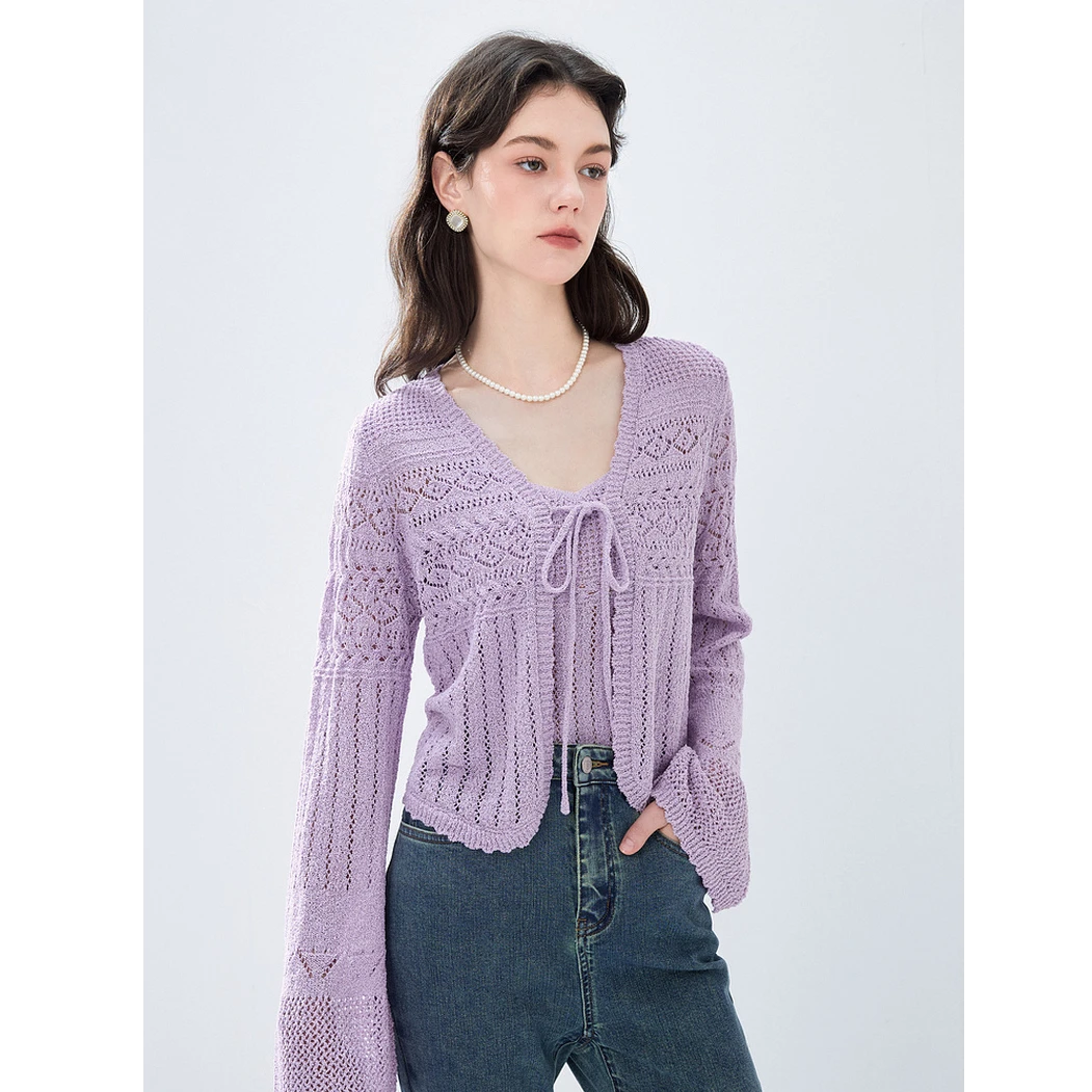 秋水伊人V领镂空针织衫套装外套内搭吊带上衣两件套624307B010094