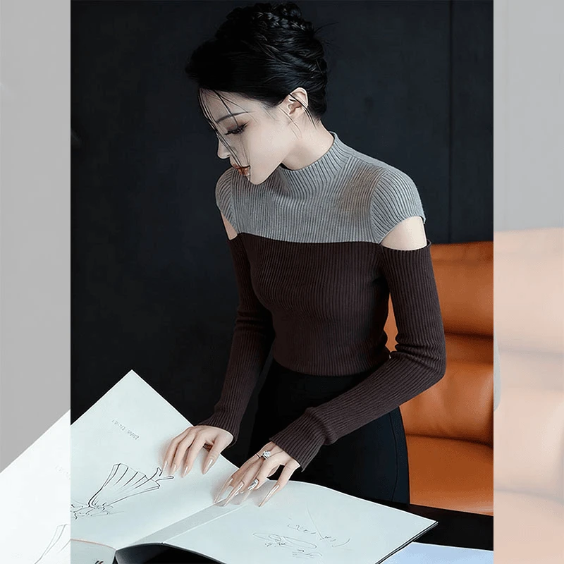 针织衫女韩系半高领露肩秋冬设计感小众不规则内搭打底衫毛衣上衣