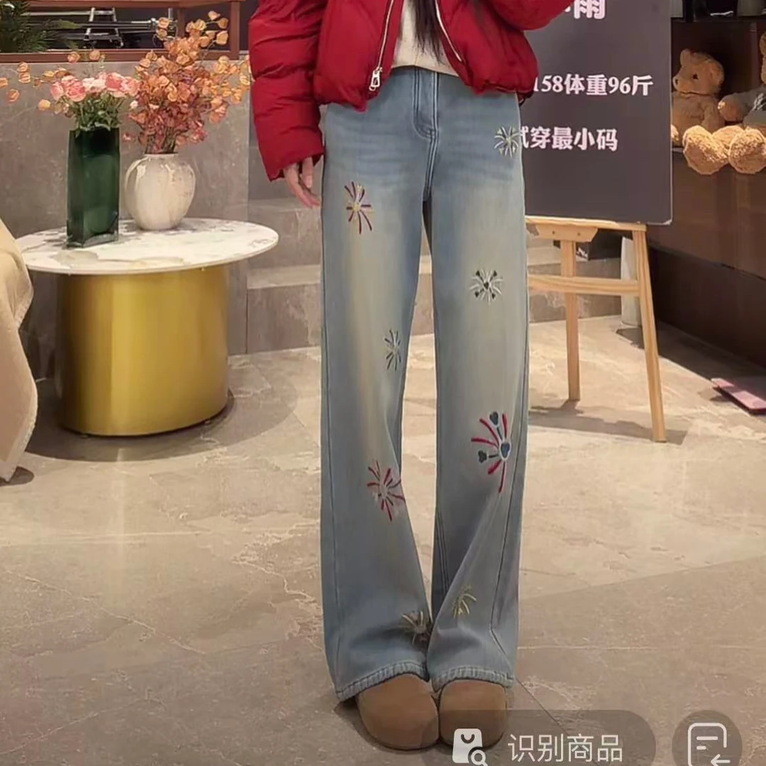 宿慕SUMU 加绒加厚重工刺绣牛仔裤12-22新款显瘦牛仔长裤33101