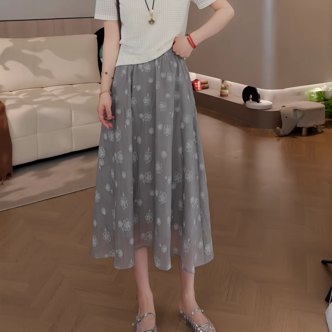 豆豆3 【浮影】提花柔软天丝显瘦减龄半身裙百搭休闲A字裙-DSY6630