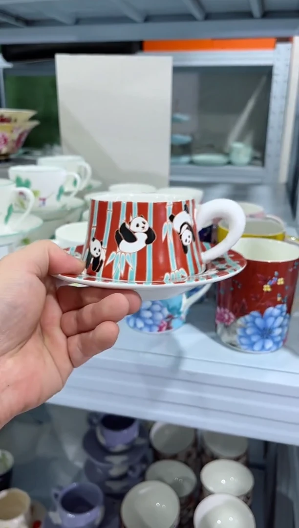 瓷片日用陶瓷（简装）熊猫咖啡杯一套