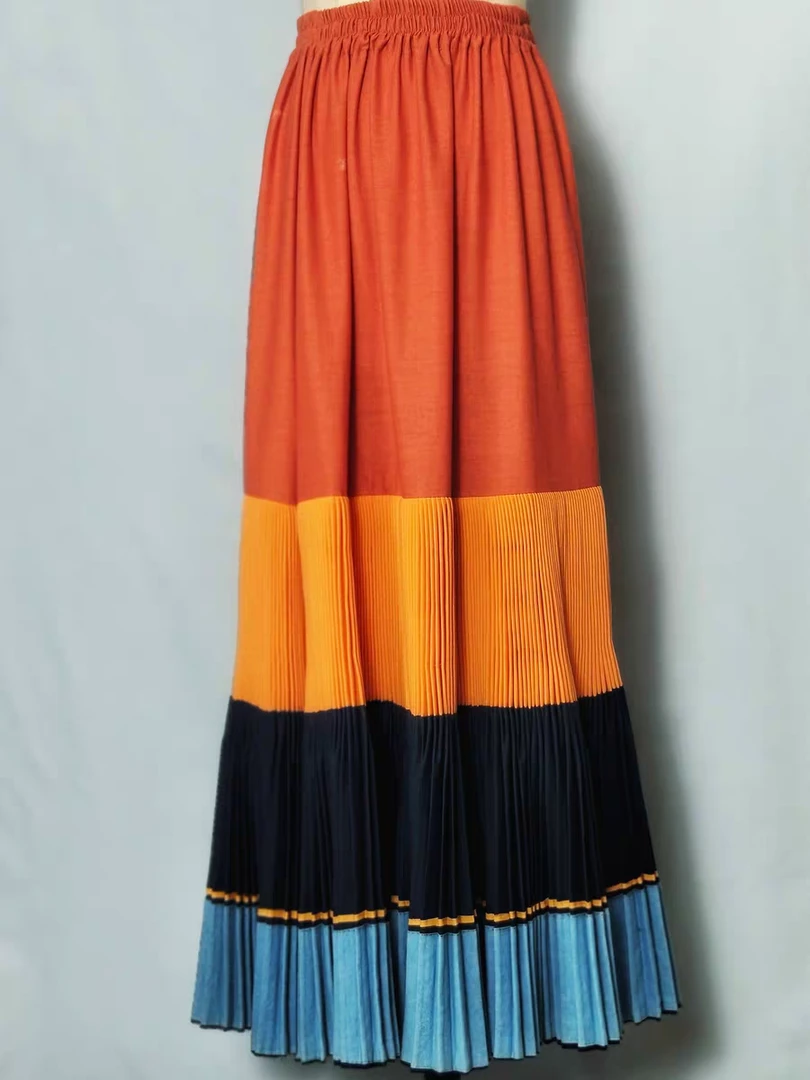 红色系列彝族风格百褶半身大摆裙民族风裙子时尚中长款半裙拼接