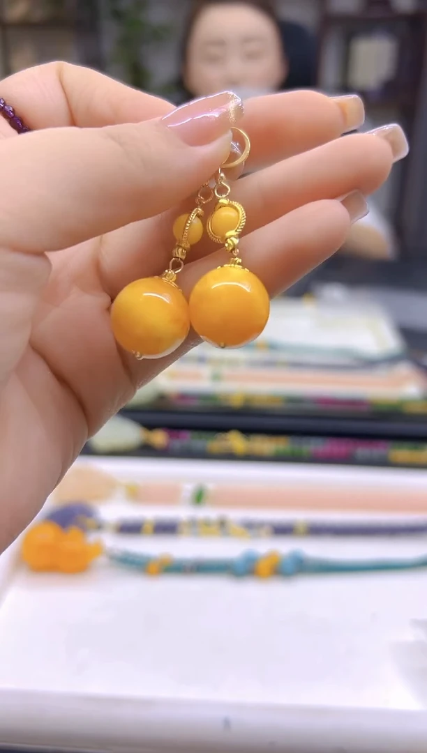 14K金镶嵌蜜蜡耳饰DIY款E496