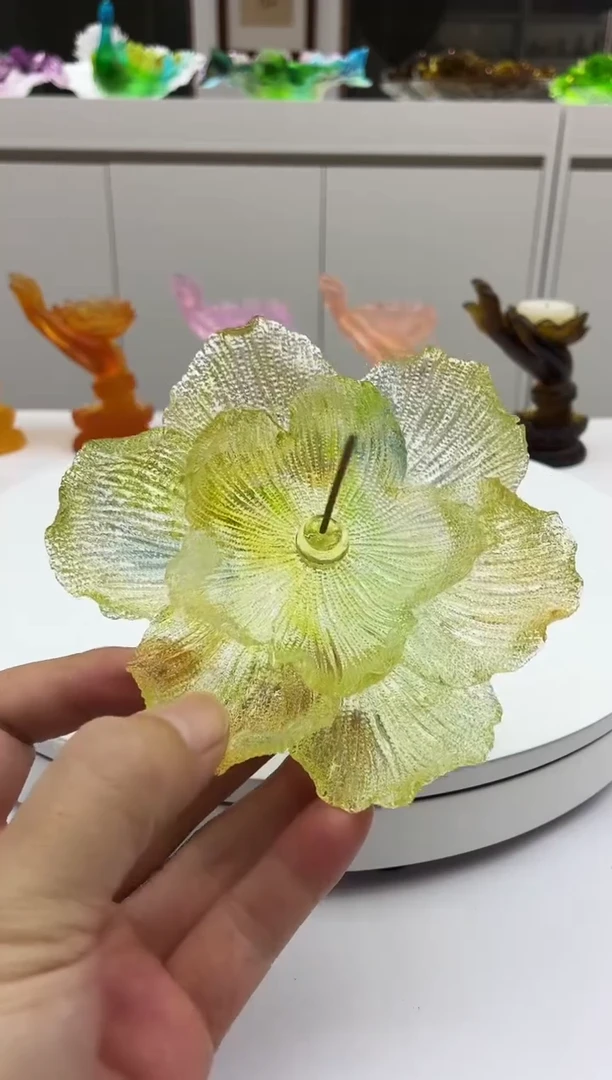 琉璃黄绿色牡丹花线香插11公分