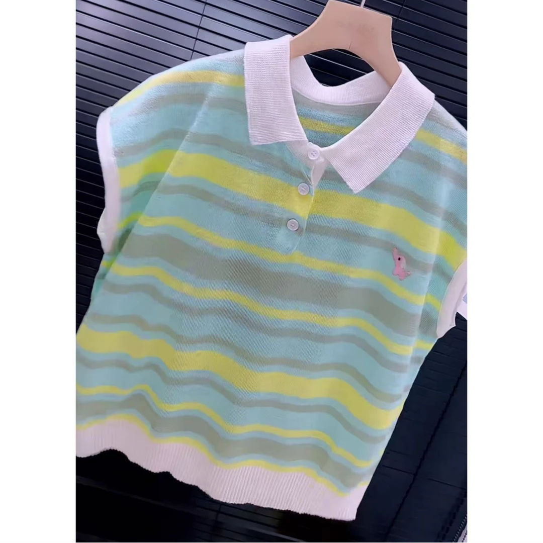 今年流行穿搭2025夏季新款温柔风时尚针织衫彩色条纹休闲T恤上衣