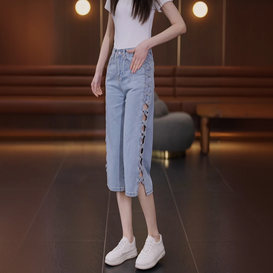 镂空七分牛仔裤薄款2025年夏洋气潮款设计感天青色宽松高腰直筒裤