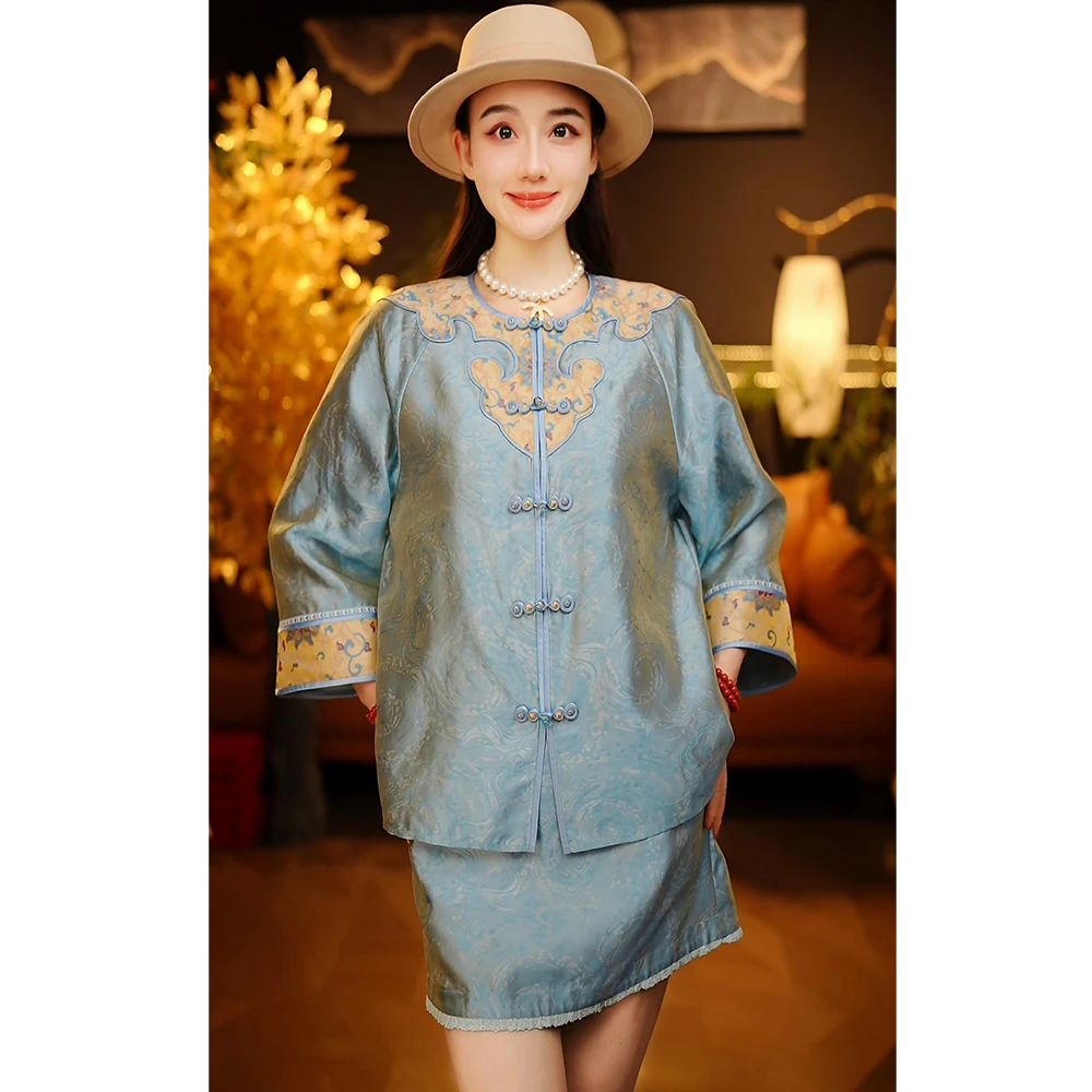 【可儿•高定】高端新中式设计师款拼蜀锦桑蚕丝流光绸外套3-J6204