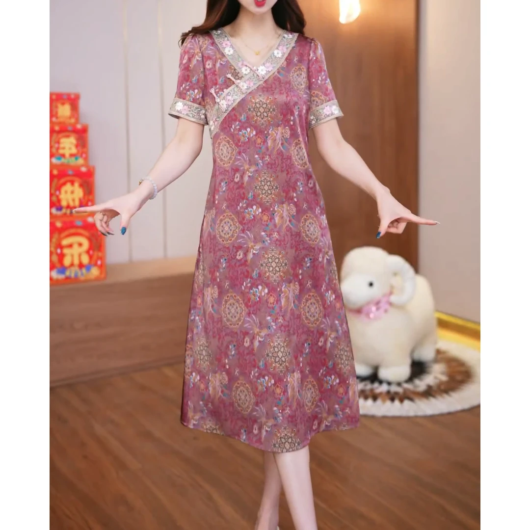 奢华气质国风经典连衣裙女2025夏季新款妈妈装优雅显瘦减龄中长裙