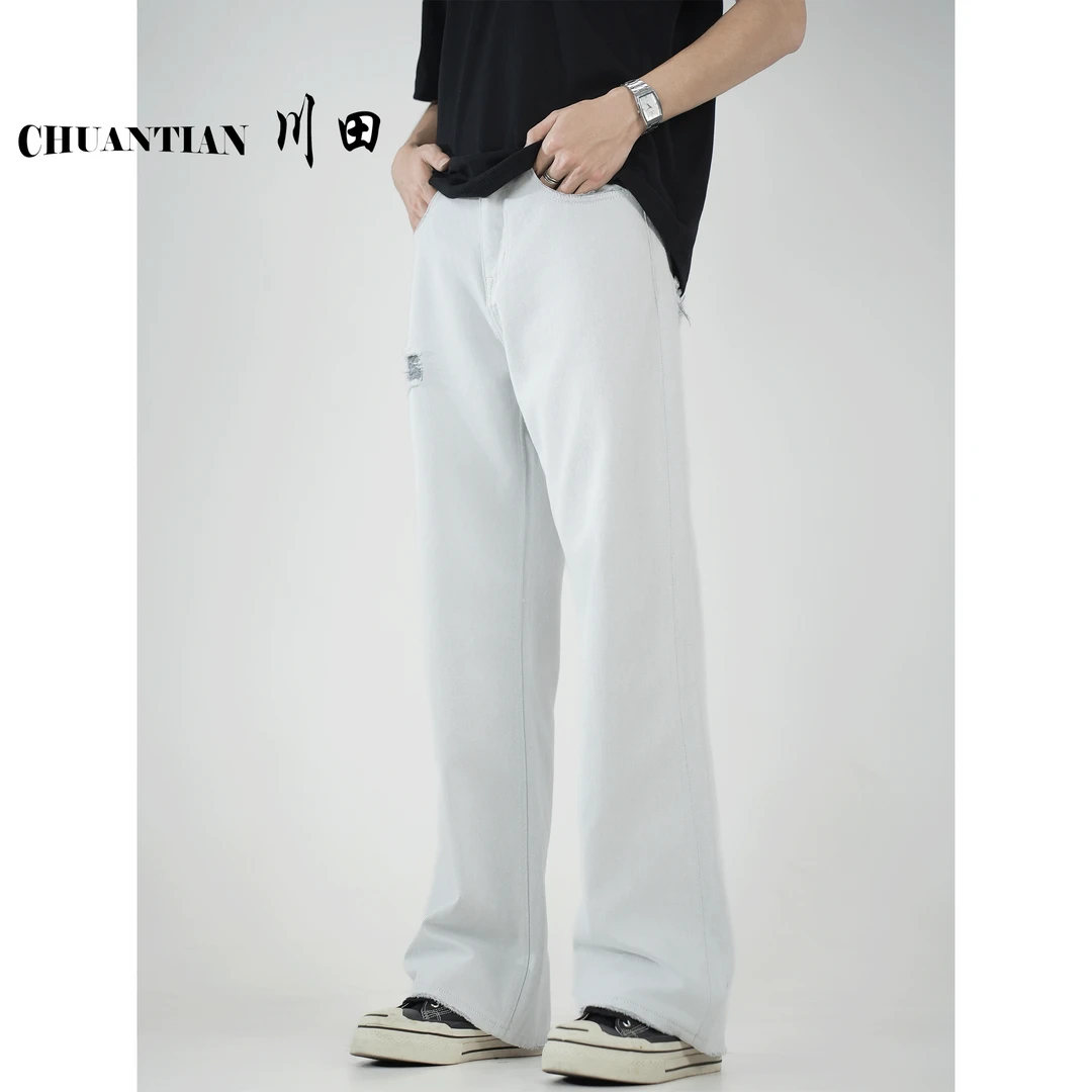 【川田】复古水洗双纱白灰肌理牛仔裤阔腿微喇破洞直筒男夏款-B9006