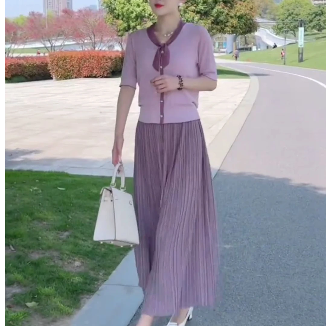 [工厂直销套装]夏新款清新蝴蝶结系带V领短袖百褶半身裙99428+Q74