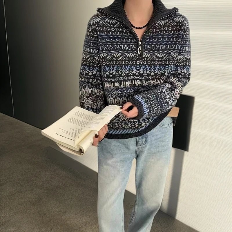 【娜娜专属】复古费尔岛半拉链套头衫宽松针织100%羊毛衣女秋冬