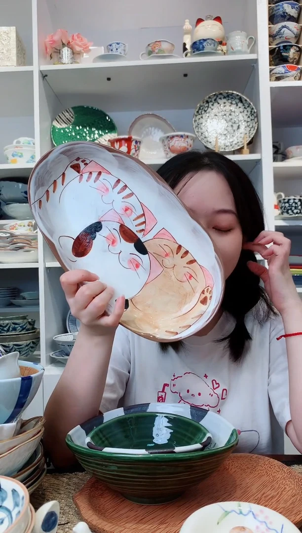 陶瓷【孤品】有田烧三只猫椭圆长盘