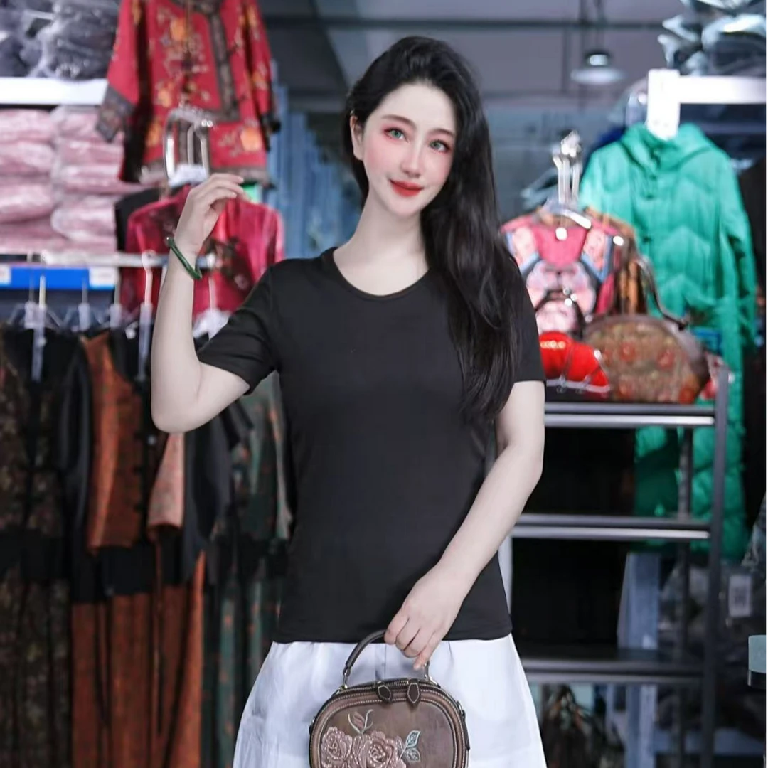 【LeiXiaoQi/雷小七】黑色圆领短袖t恤百搭上衣显瘦时尚洋气女