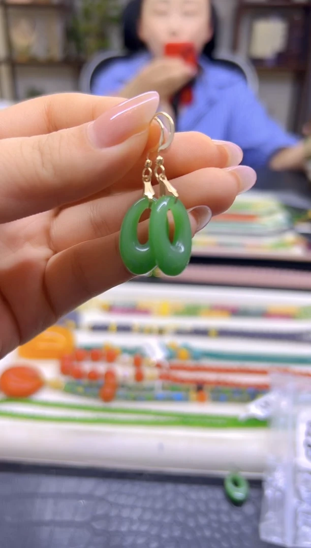 14K金镶嵌和田玉（碧玉）耳饰DIY款E870