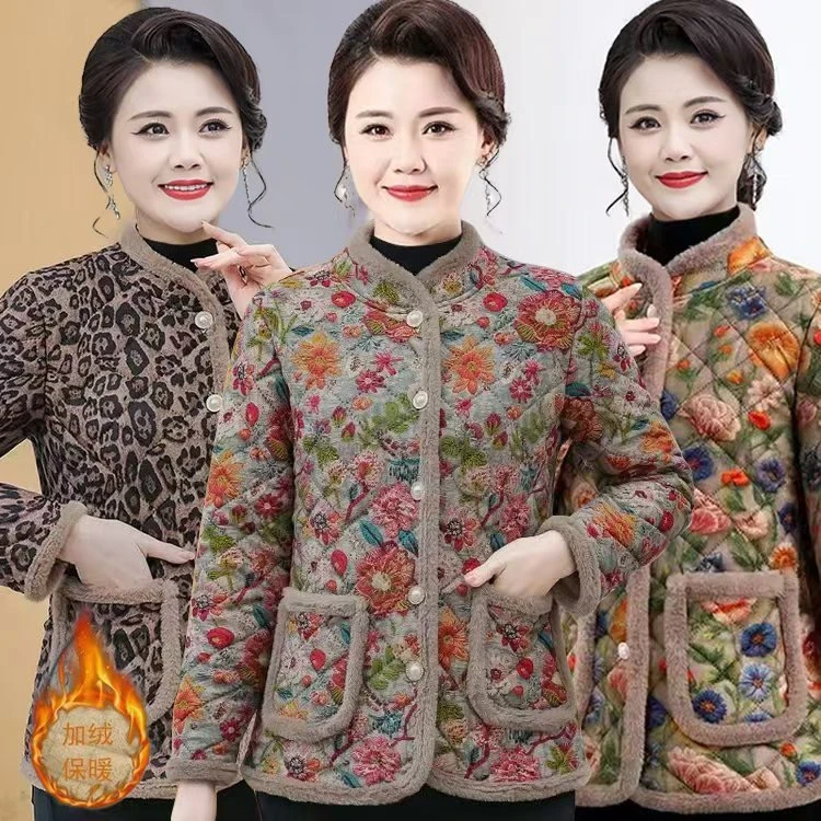 新款中老年秋冬加厚外套毛毛边保暖小棉衣妈妈装厚棉服洋气棉袄