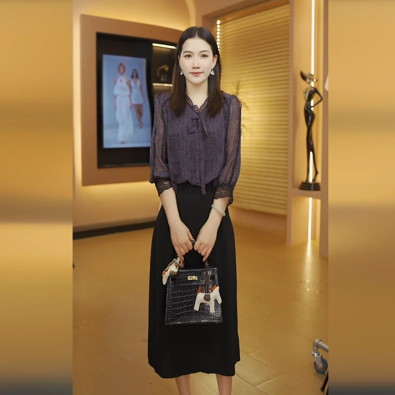 2025初秋新款时尚百搭显瘦遮肚子气质女士假两件连衣裙5461#