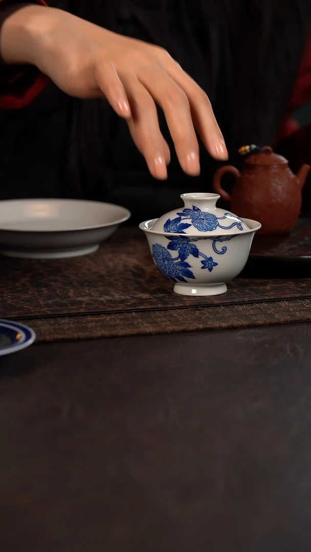 【闪购商品】杯HLX陶瓷青花手绘折枝南瓜盖碗