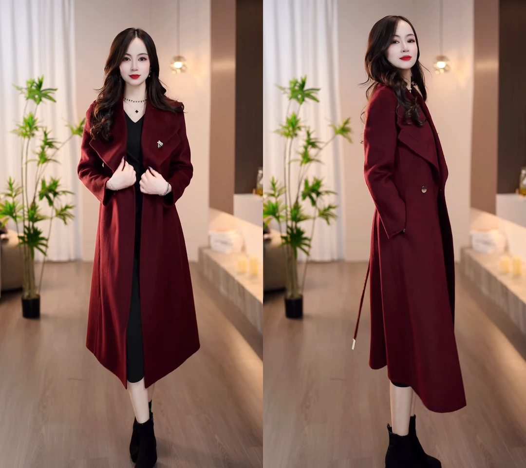 2025秋冬款酒红色高级感百搭显瘦通勤中长款呢大衣外套M-4XL