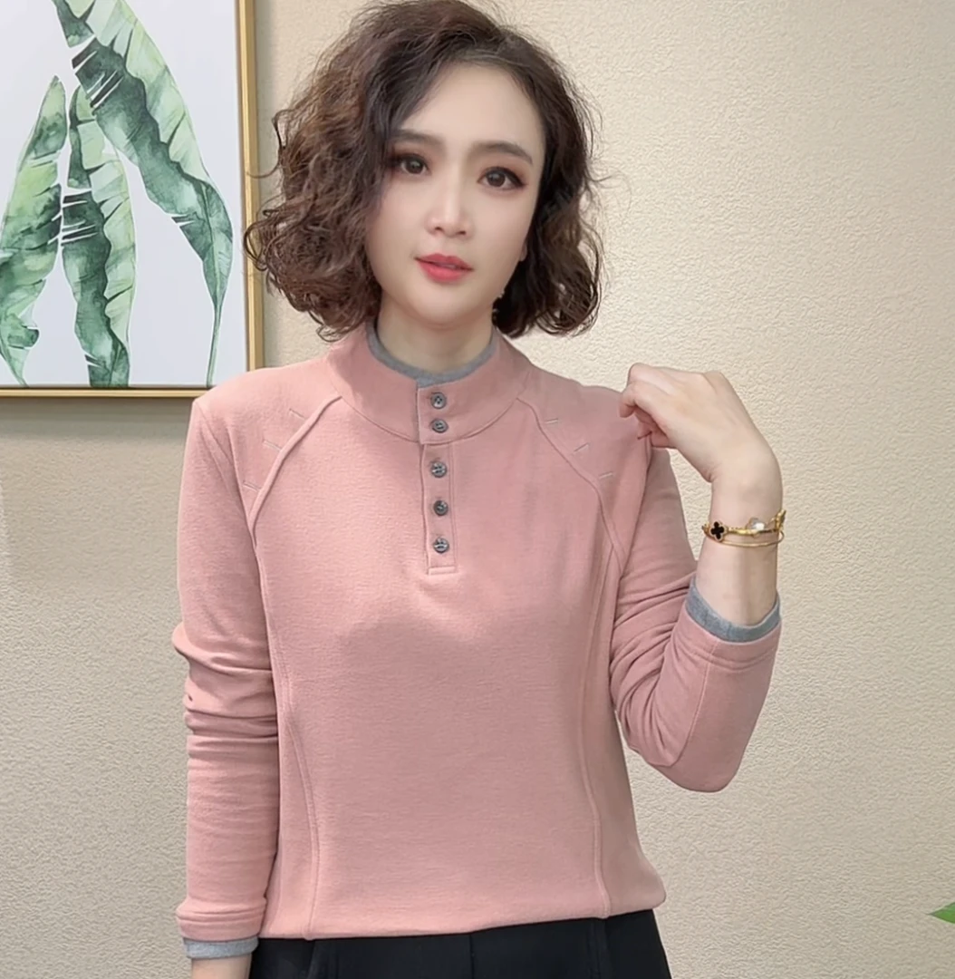 2025冬季新款百搭洋气时尚纽扣款双面绒拼接纯色长袖上衣卫衣#257