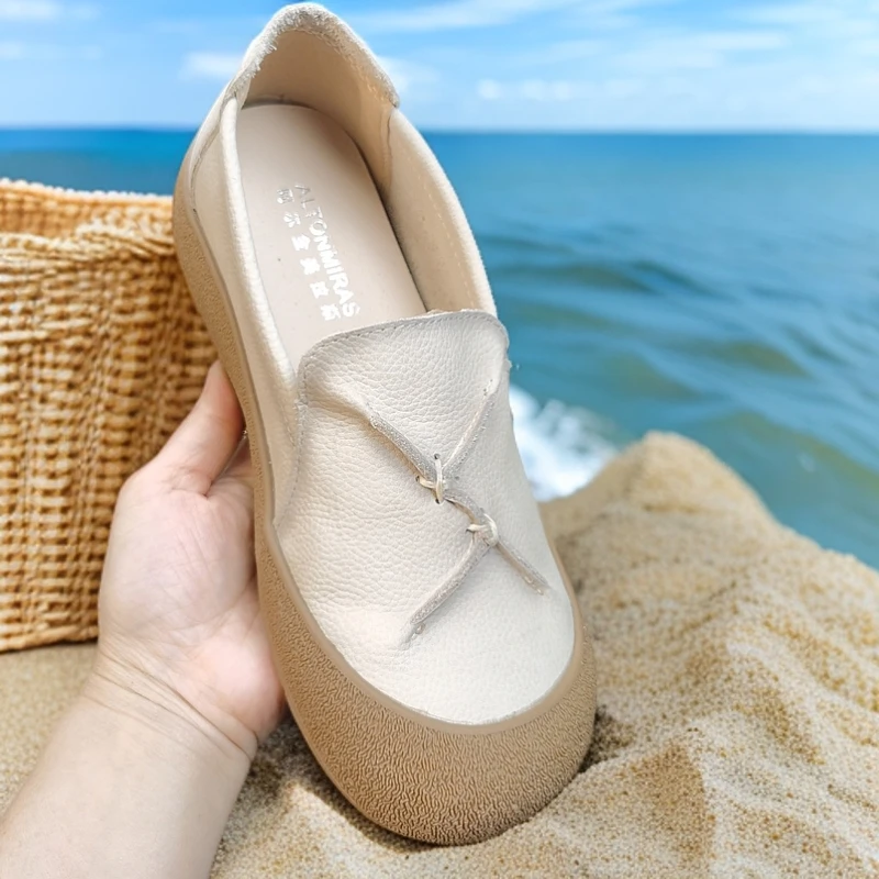 1058季新款复古小皮鞋拼色单鞋女真皮休闲板鞋一脚蹬软底乐福鞋