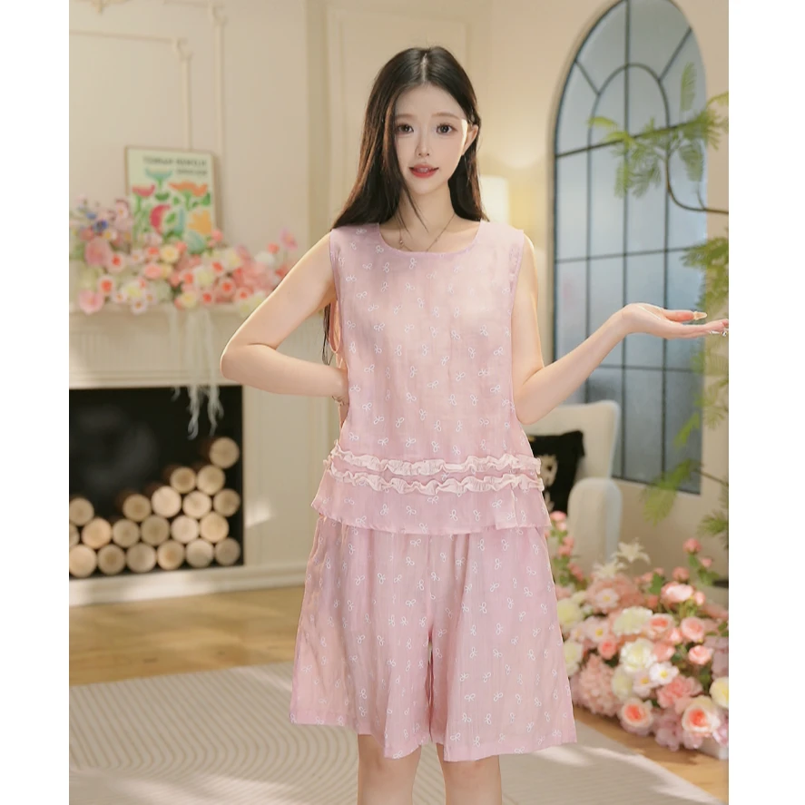 【轻薄浅粉~~】W夏季新款百棉面料家居服高颜值舒适透气睡衣套装