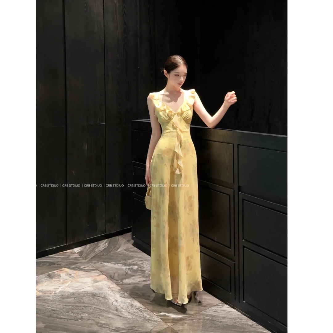 现货【春日部】奶油黄法式荷叶边连衣裙0839