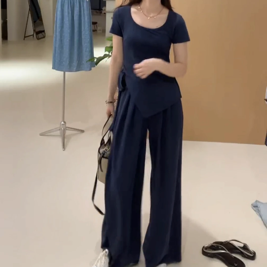 【吸氧计划】新款下摆不规则气质绑带短袖百搭阔腿裤套装LK2503342