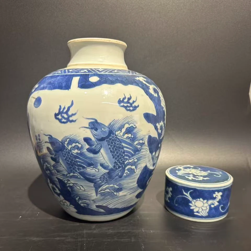 C-A0728025 明崇祯 青花海水鱼化龙纹茶叶罐（高度31肚径21）