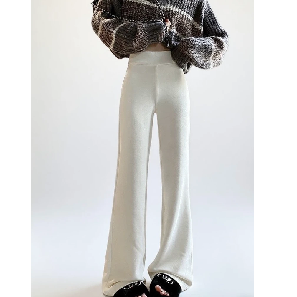 【艺00】醋酸羊毛裤喇叭裤女款2025新款高腰米白色窄版微喇裤25D068