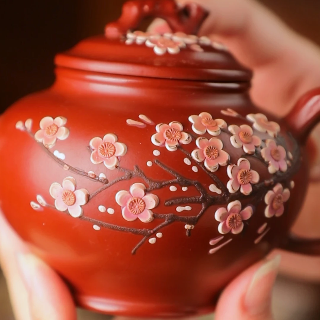 正宗宜兴变色紫砂壶原矿朱泥大红袍手工泥绘梅花报春茶壶送礼