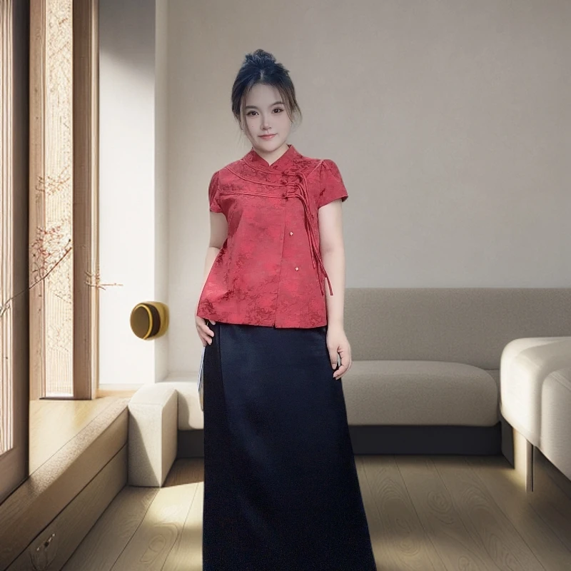 杨幂马甲新中式斜襟流苏盘扣提花国风女2025夏季新款气质短袖短款