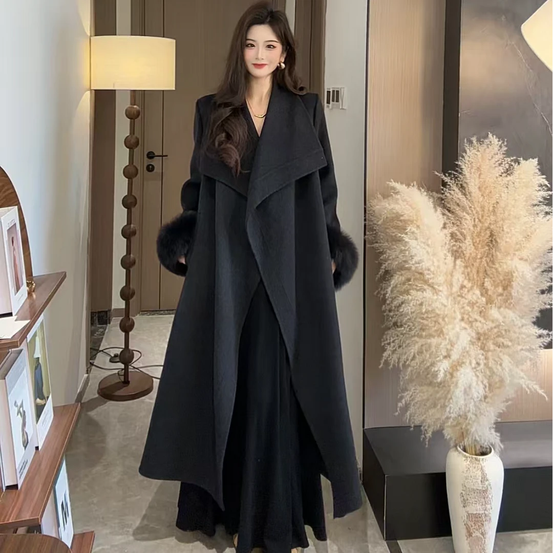 欧美风格宽松型长款女老钱风毛呢外套长款款时尚毛呢冬季设计师