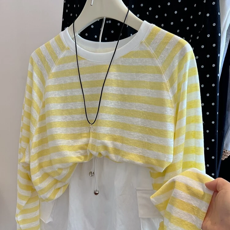 韩系减龄慵懒风条纹长袖T恤女2025夏季新款薄款透气防晒上衣罩衫