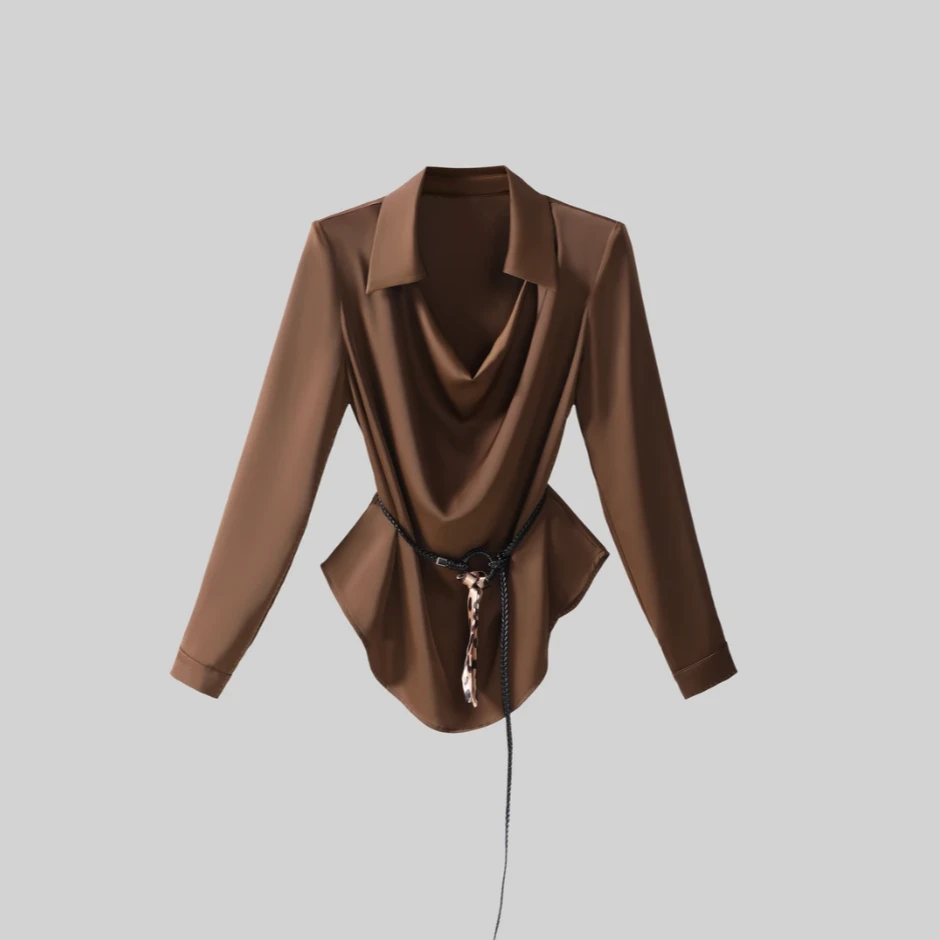 〈纪朵研〉1344短款不褪色单排多扣纯色荡领气质常规衬衣上衣衬衫