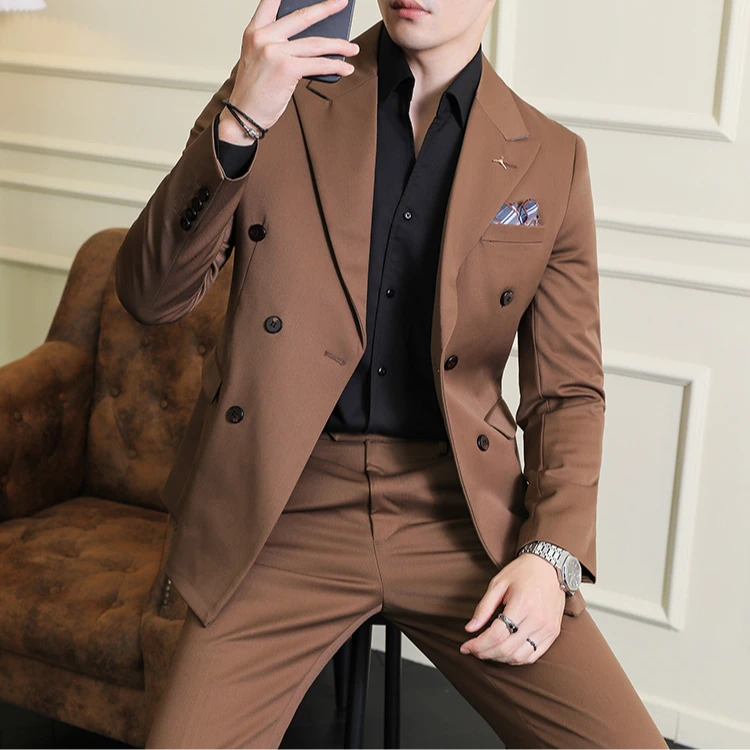 【气质焦糖色套装】韩版修身商务休闲英伦青年西服适合80-230斤