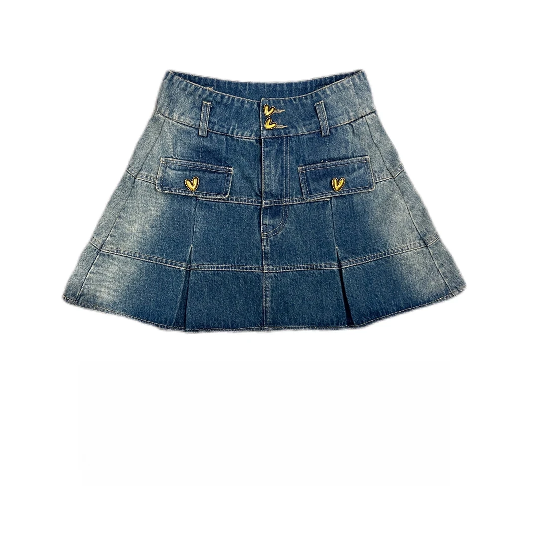 夏季时尚百搭牛仔裙高腰复古百褶牛仔半身裙遮肚显瘦设计感a字裙