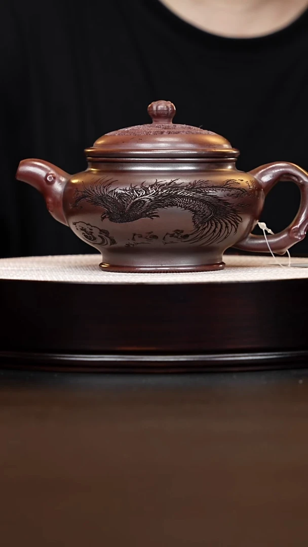 茶壶紫砂宜兴紫砂 龙凤呈祥掇只壶 石红 高运