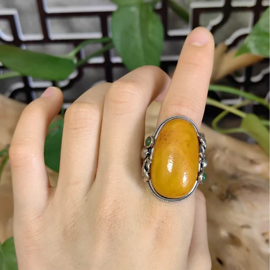 LYliuyng精工品质高货老蜜蜡原皮戒指纯手工银镶天然蜜蜡原石戒指