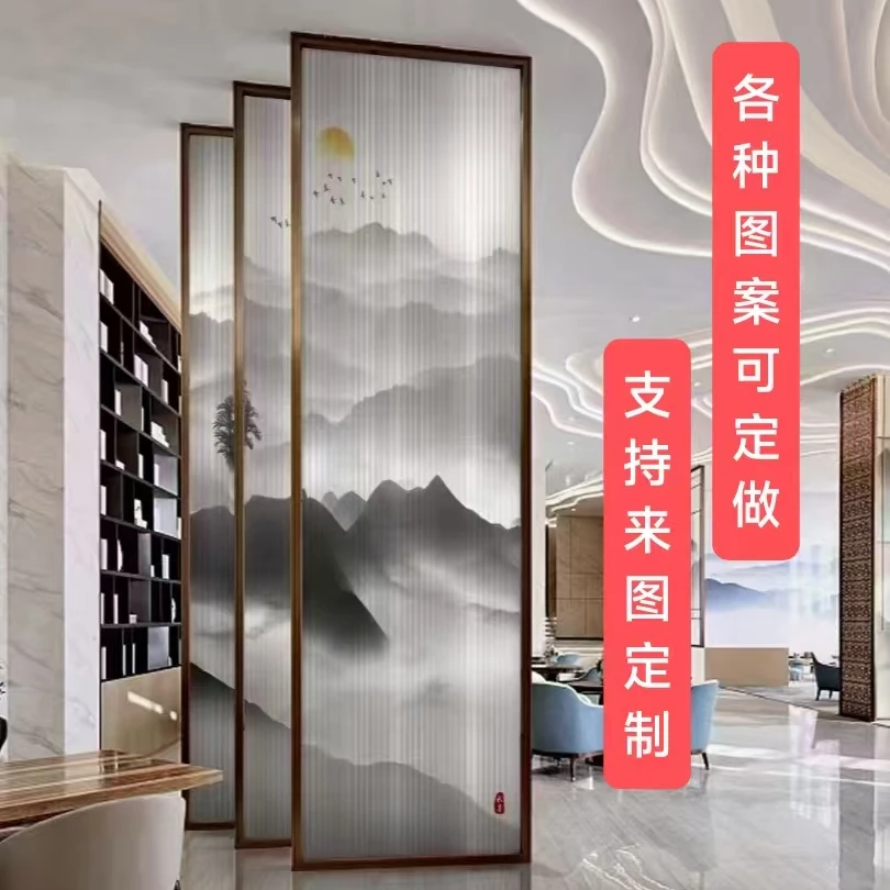 双层超白钢化夹娟屏风隔断室内户外山水画玄关艺术玻璃背景墙景观
